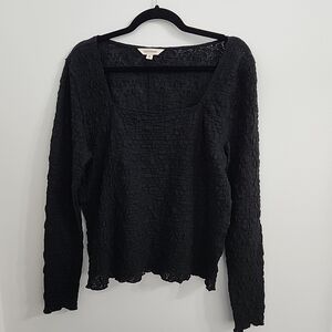 Lucky Brand Black Textured Long Sleeve Whimsy Goth Top Ruched XL